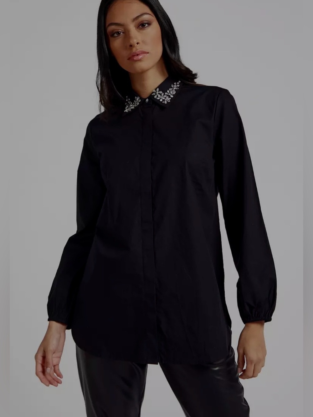 Max Rhinestone Embellished Collar Black Long-Sleeve Tunic L